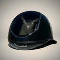 Load image into Gallery viewer, Miss Shield Shadowglossy 2.0 Frontal band and top black Shimmer Fabric with 5 Swarovski Crystals on Chrome Blazon - Custom Helmet