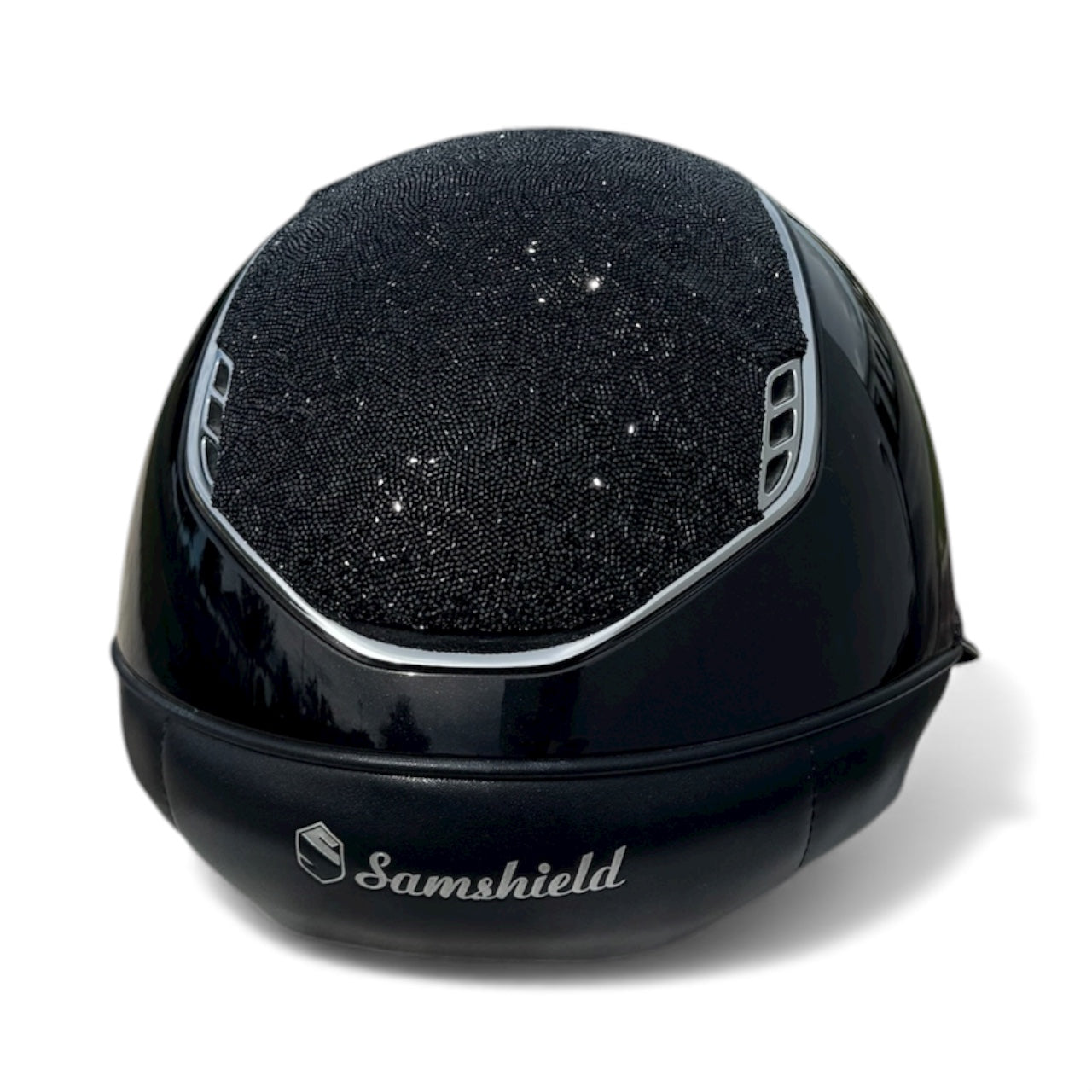 Miss Shield 2.0 Miss Paint Glossy Black Ultra Fine Rocks in Black Top and  Frontal Band Chrome Trim / 5 Swarovski Crystals-Custom Helmet