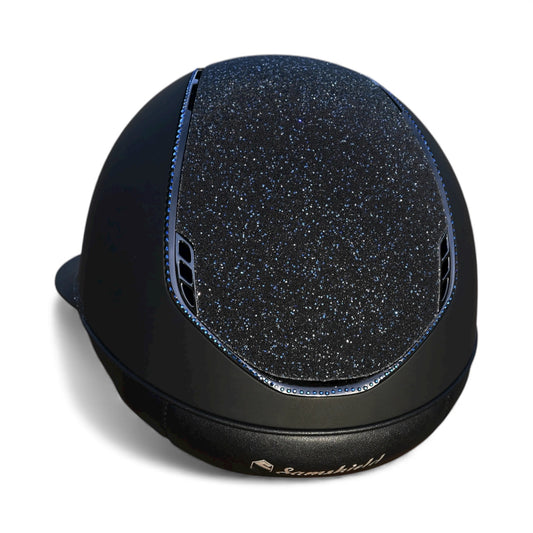 Miss Shield 2.0 Miss Paint Matt Black Crystal Fabric Swarovski Summer Night Blazon, Top and Frontal Band Chrome Black / Full Swarovski / Metallic Blue Trim-Custom Helmet