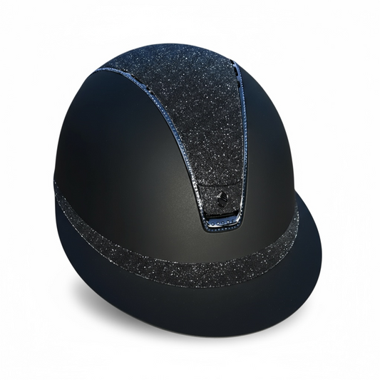 Miss Shield 2.0 Miss Paint Matt Black Crystal Fabric Swarovski Summer Night Blazon, Top and Frontal Band Chrome Black / Full Swarovski / Metallic Blue Trim-Custom Helmet