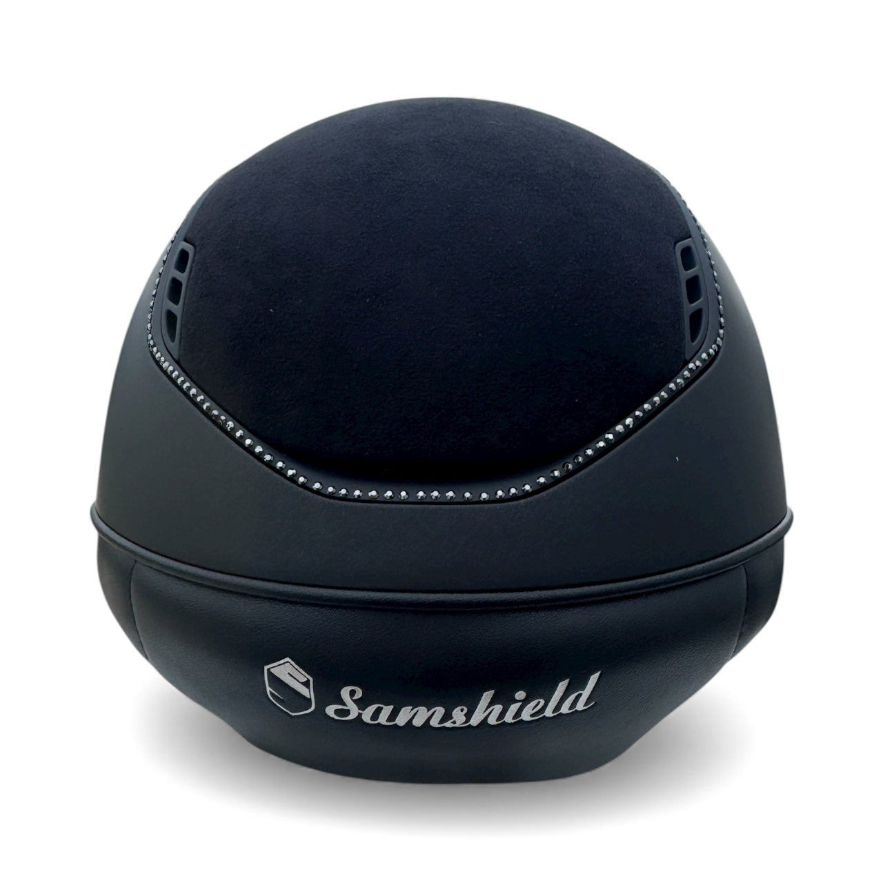 Miss Shadowmatt 2.0 Black Frontal Band Tiara and Trim with Black Crystals and Black Blazon Alcantara Top and Band-Custom Helmet