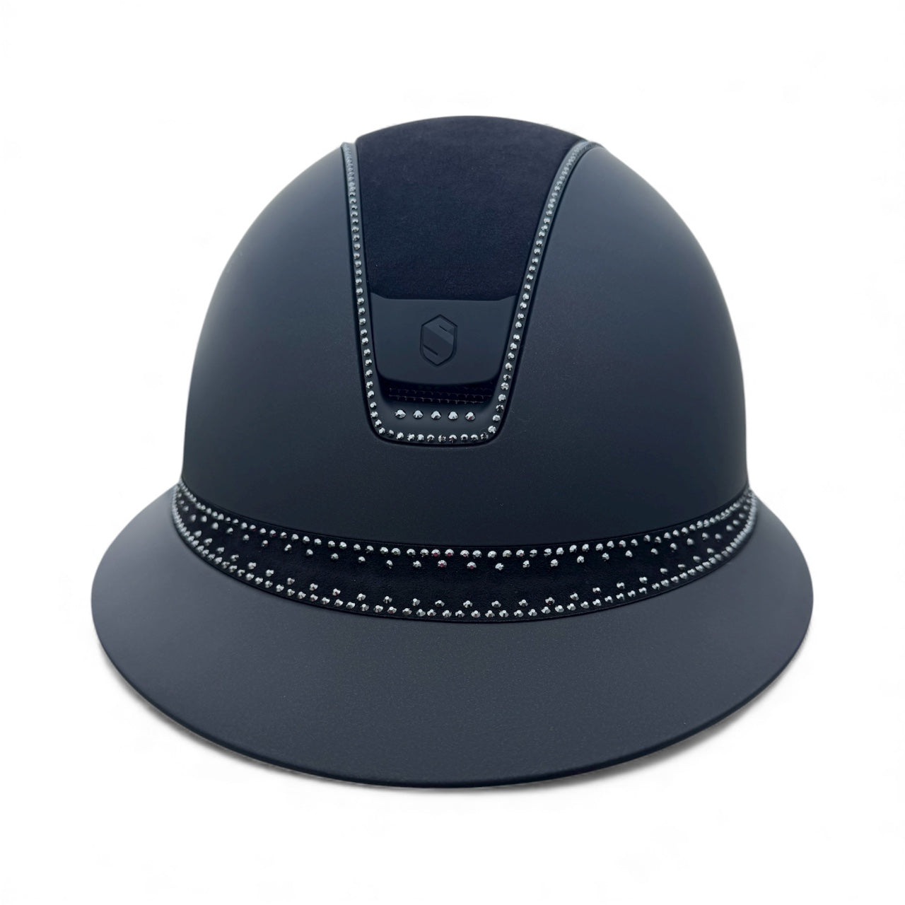 Miss Shadowmatt 2.0 Black Frontal Band Tiara and Trim with Black Crystals and Black Blazon Alcantara Top and Band-Custom Helmet