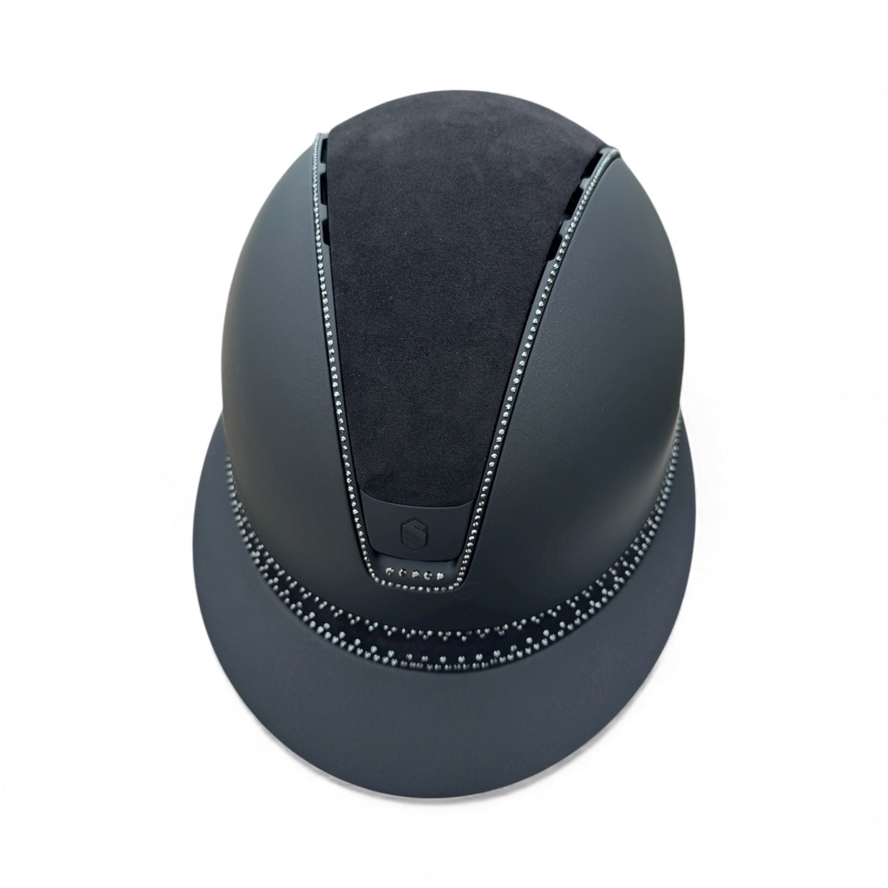 Miss Shadowmatt 2.0 Black Frontal Band Tiara and Trim with Black Crystals and Black Blazon Alcantara Top and Band-Custom Helmet