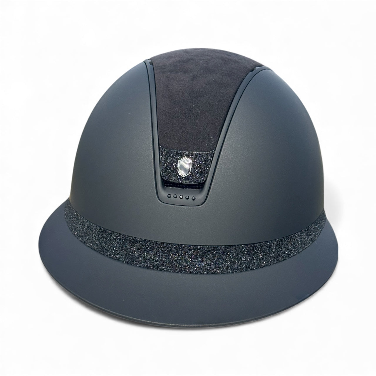 Samshield 2.0 Miss Shield Shadowmatt Dark Line Alcantara Top Black Crystal Fabric Frontal Band and Blazon with 5 Jet Black Swarovski Crystals - Custom Helmet