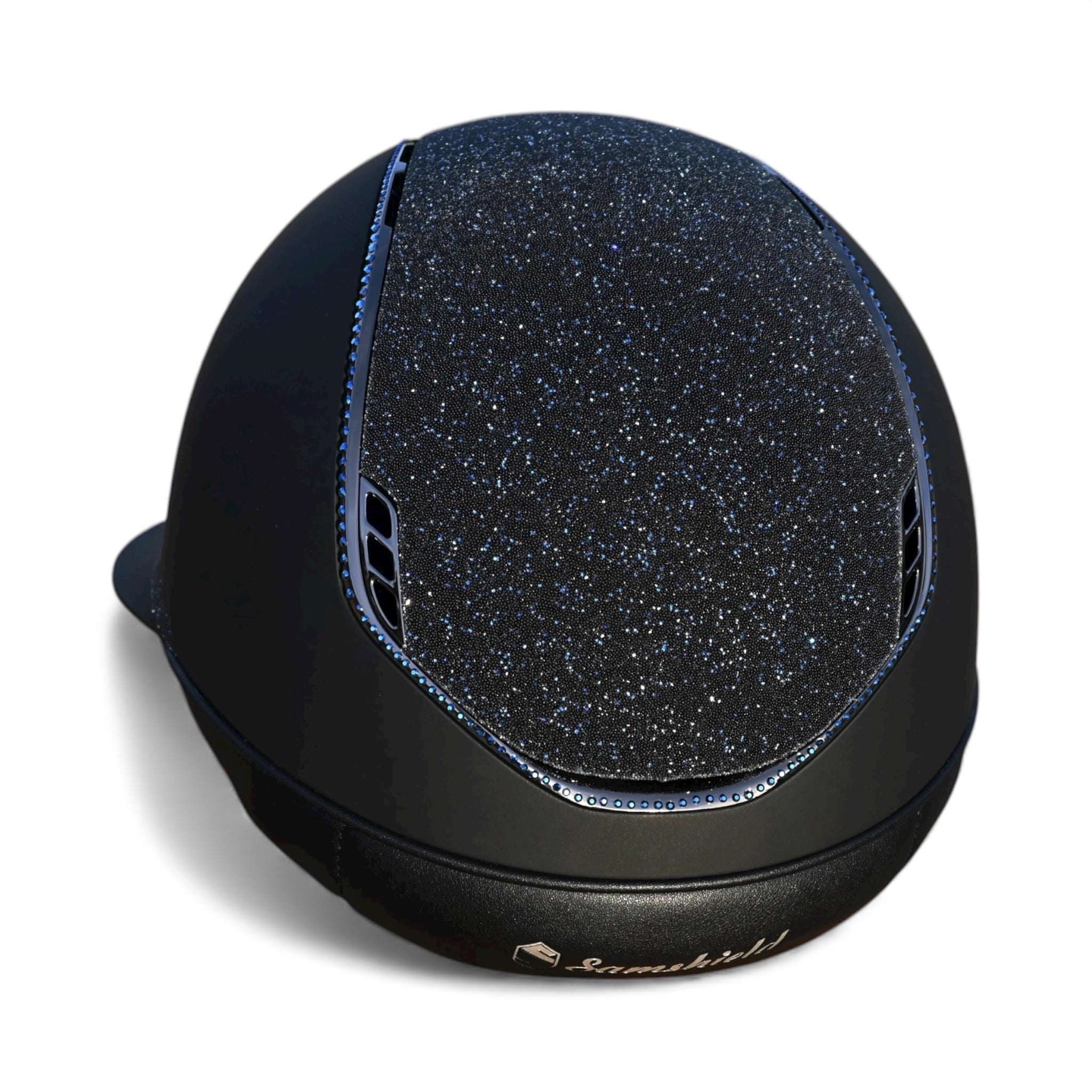 Miss Shield 2.0 Miss Paint Matt Black Crystal Fabric Swarovski Summer Night Blazon, Top and Frontal Band Chrome Black / Full Swarovski / Metallic Blue Trim-Custom Helmet