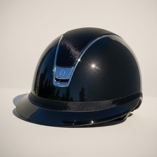 Miss Shield Shadowglossy 2.0 Frontal band and top black Shimmer Fabric with 5 Swarovski Crystals on Chrome Blazon - Custom Helmet