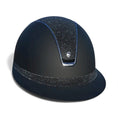 Load image into Gallery viewer, Miss Shield 2.0 Miss Paint Matt Black Crystal Fabric Swarovski Summer Night Blazon, Top and Frontal Band Chrome Black / Full Swarovski / Metallic Blue Trim-Custom Helmet
