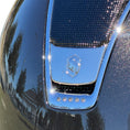 Load image into Gallery viewer, Miss Shield Shadowglossy 2.0 Frontal band and top black Shimmer Fabric with 5 Swarovski Crystals on Chrome Blazon - Custom Helmet
